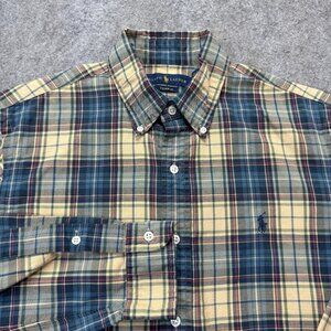 Ralph Lauren Oxford Shirt Men M Beige Blue Plaid OCBD Custom Fit Long Sleeve